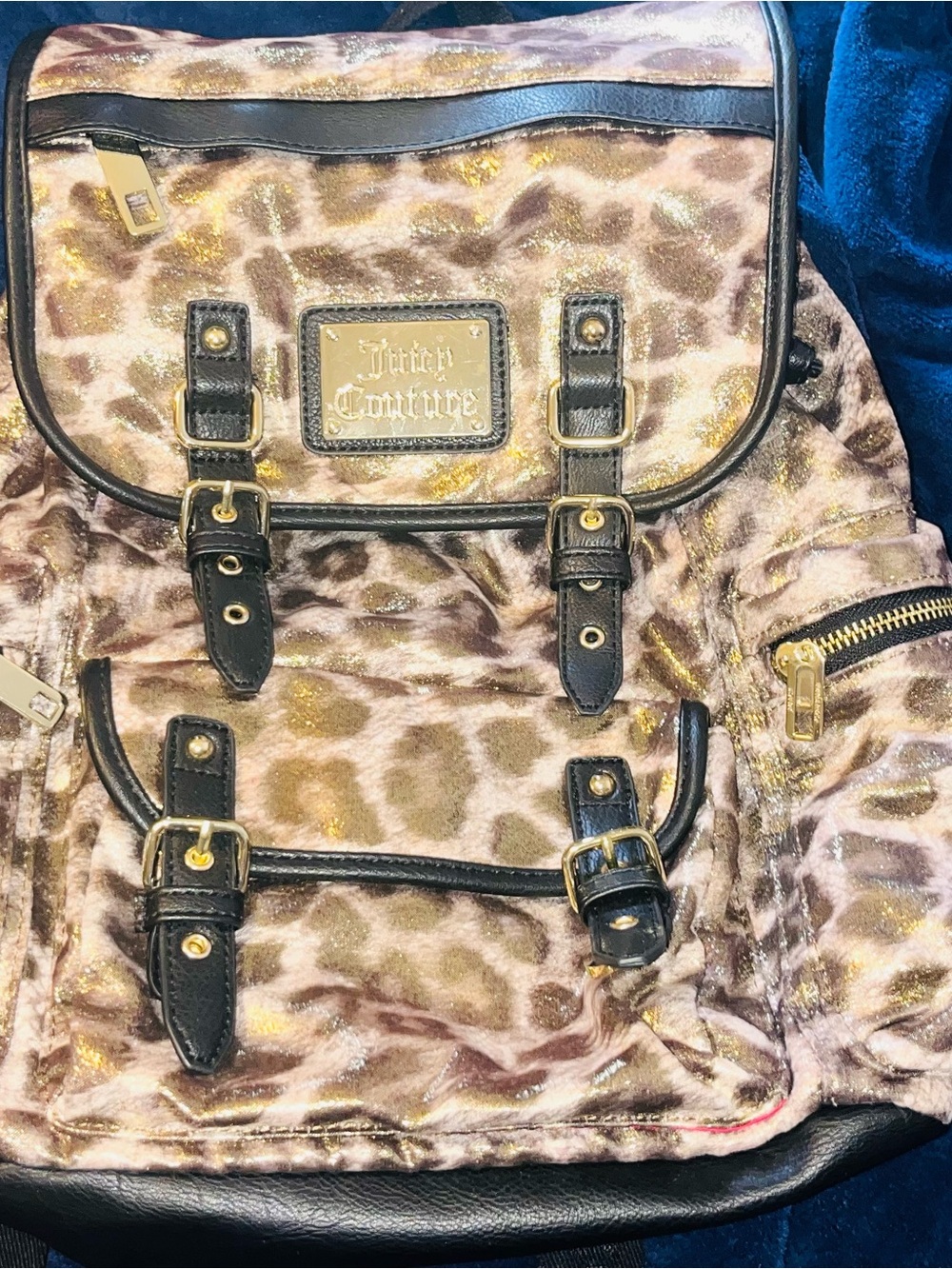 Y2k Juicy Couture Gold Leopard Velvet Backpack with Black Trim